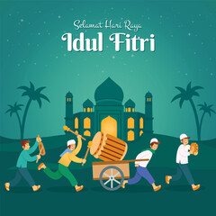 Selamat hari raya Idul Fitri, translation: happy eid mubarak with a group of youngster parading a big wooden drum to to celebrate eid mubarak in the night