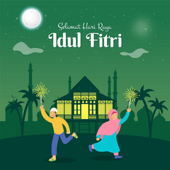 Selamat hari raya Idul Fitri is another language of happy eid mubarak in Indonesian. kids in muslim clothes jumping and playing with firecracker celebrating eid mubarak in the village