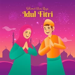 Selamat hari raya Idul Fitri is another language of happy eid mubarak in Indonesian. Cartoon muslim kids blessing Eid al fitr with mosque on background