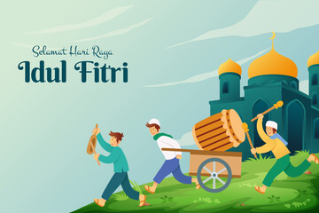 elamat hari raya Idul Fitri, translation: happy eid mubarak with a group of youngster parading a big wooden drum to to celebrate eid mubarak in the night