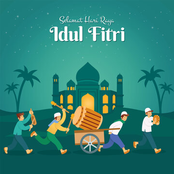 Selamat hari raya Idul Fitri, translation: happy eid mubarak with a group of youngster parading a big wooden drum to to celebrate eid mubarak in the night