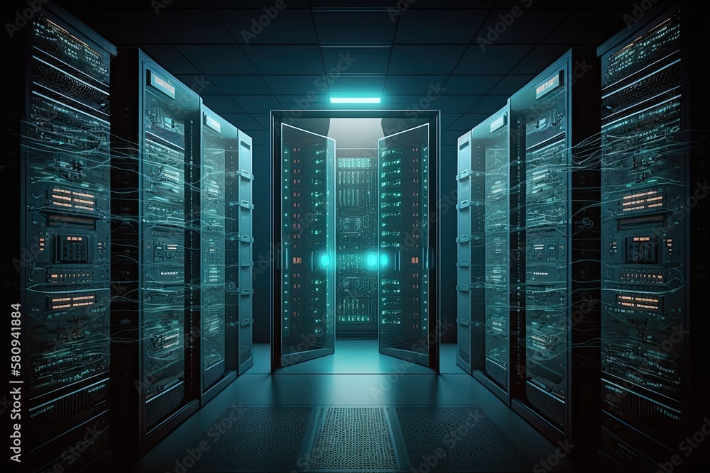 Poster the server room has multiple racks filled with robust computer hardware. in a contemporary data cent