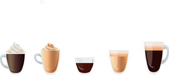 Coffee cups. Hot delicious drinks in transparent glasses beverage foam in mug espresso mocha americano coffee decent vector realistic template