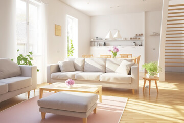 Living room interior wall mockup in warm tones with beige linen sofa, dried Pampas grass, woven table decoration on empty wall background. 3D rendering, illustration. Generative AI