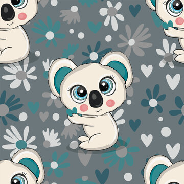 Seamless pattern with cute koala baby on color background. Funny australian animals. Card, postcards for kids. Flat vector illustration for fabric, textile, wallpaper, poster, paper