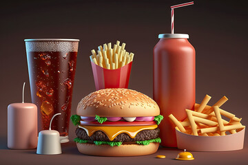 3d render , Fast food set hamburger , fries potatoes, pizza , soft drink, generative AI