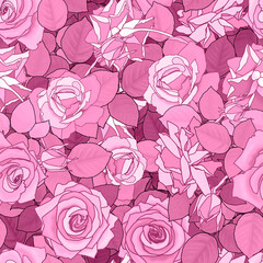 Seamless pattern with a floral pattern of painted roses in purple.