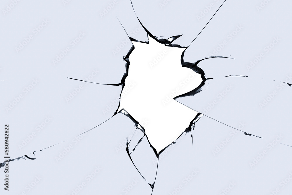 Poster broken glass hole. photo of cracks on the window. texture for design with semi-transparent backgroun