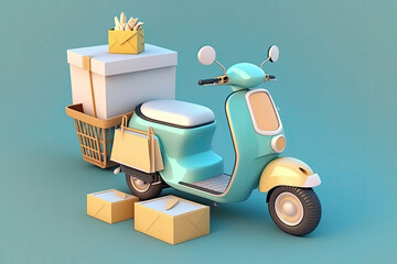 3d Shopping Online delivery service on a mobile by scooter , Delivery service Shopping Online on a mobile application, generative AI