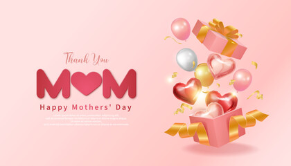 Fototapeta na wymiar Thank you mom pink banner with many balloons flying out of opened gift box