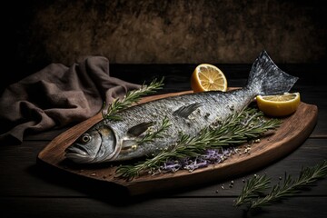 Fish fillet with hot smoked herring on a rustic platter with rosemary and thyme. the color black looking up. Copy space. Generative AI