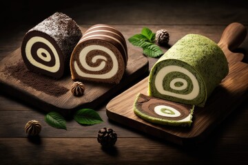Slices of a homemade Swiss roll with flavors including green tea, chocolate, vanilla, and coffee are put on a wooden board for commercial and advertising usage by bakeries. Generative AI