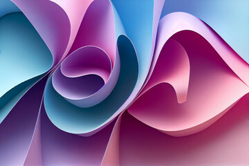 Paper curls in pink, blue and violet tones - wallpaper background - generative ai