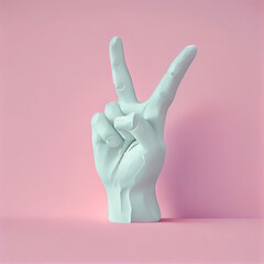 Hand made of plaster showing victory sign - pink background - generative ai