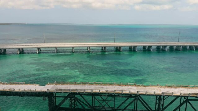 Aerial view of the Seven Mile Bridge. Old and new bridge