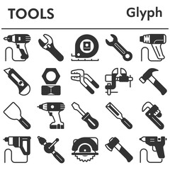 Set, tools icons set - icon, illustration on white background, glyph style