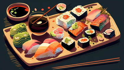 sushi platter with colorful rolls and nigiri. digital art illustration. generative AI.