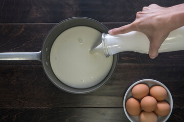 Cropped image of hands pouring milk in pan by eggs on table