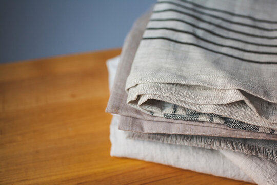 High angle view of tablecloths on wooden table