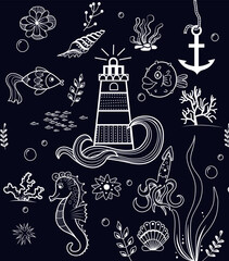 Marine summer seamless pattern hand drawing kids fabric wallpaper dark blue background wall illustration design © Katerina