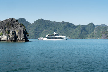 Ha Long Bay, Quang Ninh Province, Vietnam - Cruise Boats on Halong Bay at summer. The magnificent scenery of Halong Bay. North Vietnam.