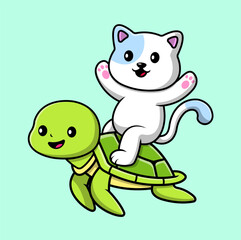 Cute Cat and Turtle Cartoon Vector Icon Illustration. Animal Nature Icon Concept Isolated Premium Vector. Flat Cartoon Style