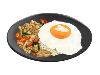 Pad Kra Pao | Thai Food digital illustration rice with egg