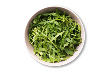 Rucola bowl isolated on white. Simple food ingredient. Green and healthy salad background. Rucola leaves vibrant color. Detox dinner lifestyle.