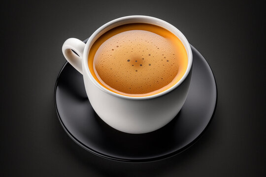 High angle view of black coffee with foam on black background. Generative AI