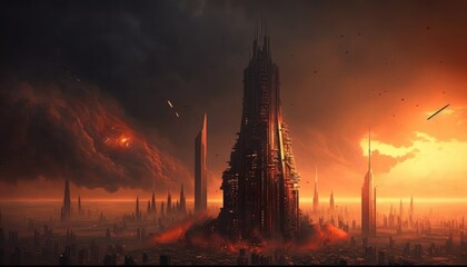 a city at sunset after the apocalypse