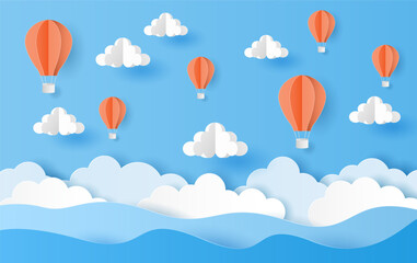 Paper art style of hot air balloons with cloud on blue sky. Vector illustration