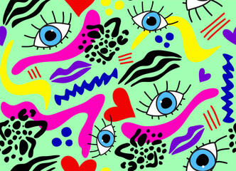 Fototapeta premium Abstract Hand Drawing Retro Eyes Lips Hearts Waves Leopard Zebra Stripes Geometric Shapes Seamless Vector Pattern Isolated Background