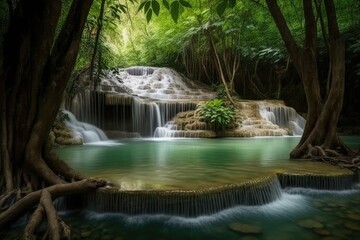Kanchanaburi's level 1 Erawan national park has a waterfall. Generative AI