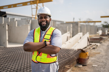 Portrait African American engineer man working with precast cement factory background	