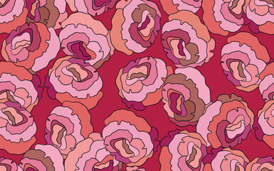 Spring colorful vector illustration with pink roses. Cartoon style. Design for fabric, textile, paper. Holiday print for Birthday, 8 march. Flowers with leaves