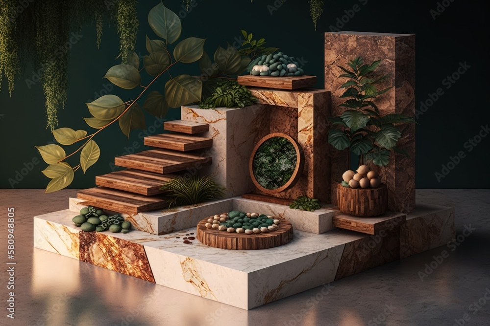 Aufkleber platform for displaying products made of brown stone with greenery. generative ai