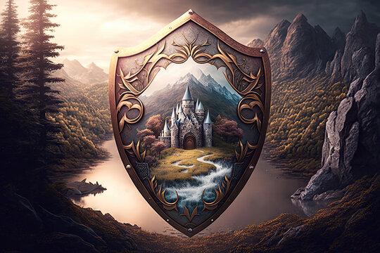 magical shield in a fantasy landscape, Generative AI