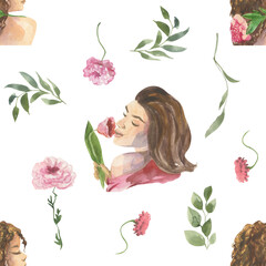 Vector hand painted watercolor girl with flower