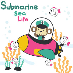 Naklejka premium Diving with funny monkey driving submarine. Creative vector childish background for fabric, textile, nursery wallpaper, poster, card, brochure. vector illustration background.