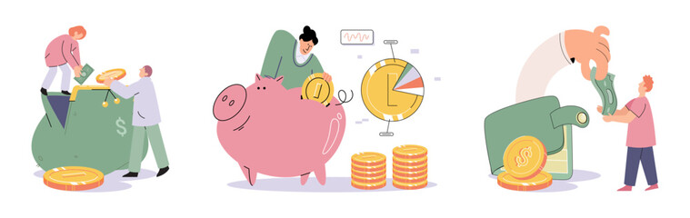 Successful businessman hold piggybank collect dollar coins for good financial investment. Happy person receive profit or income in piggy bank from savings. Invest, finance concept. Personal budget