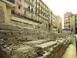 TARRAGONA, SPAIN - 06.07.2022: Tarragona Spain streetview of medieval houses near Roman Empre ruins
