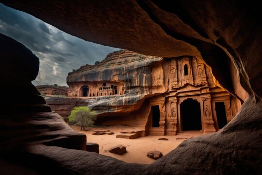 Ancient Indian rock cut cave at Badami. Generative AI