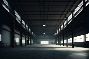 Fototapeta na wymiar Empty warehouse in logistic center, arts & architecture, indoor, Generative AI