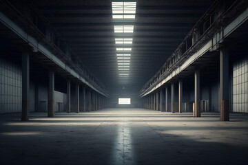 Fototapeta na wymiar Empty warehouse in logistic center, arts & architecture, indoor, Generative AI
