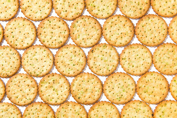 Group of tasty crackers or biscuit texture background.