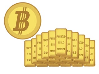 ビットコインとゴールドバー白背景