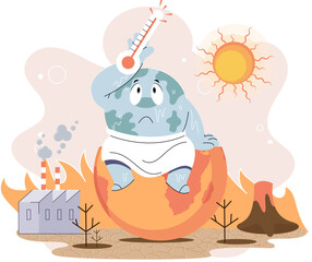 Planet Earth is suffering, danger rising temperature, Earth planet in sauna, hot weather. Global warming climate changes concept Climat change metaphor. Planet risk and danger