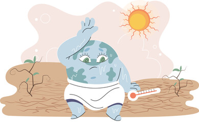 Obraz premium Poorly globe sits on dry ground under hot sun with thermometer. Cartoon earth global warming concept. Planet is overheating, Environmental problem due to climate change. Natural disasters cataclysms