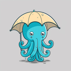 Octopus using an umbrella to protect itself from the rain, premium vector art, illustrations, flat cartoon design, Generative AI