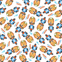Cartoon seamless pattern of cute lion riding Scooter . Can be used for t-shirt printing, children wear fashion designs and other decoration.